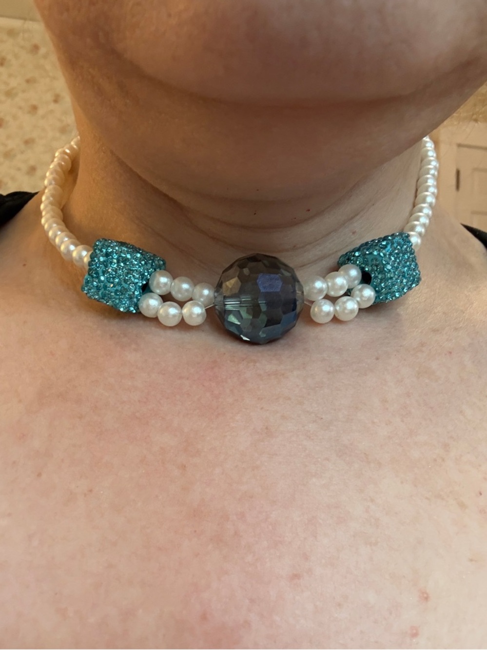 Hand-Crafted Pearl and Teal Beaded Choker Necklace